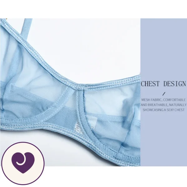 Baby Blue Semi-Sheer Mesh Lingerie Set, 3 Piece