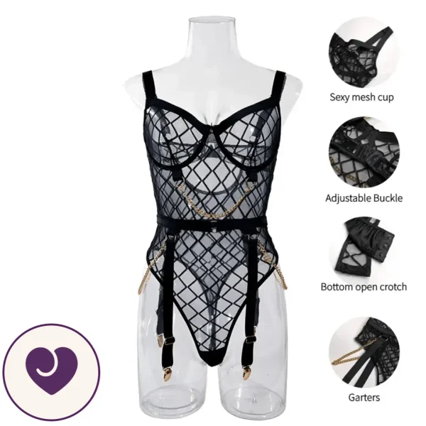 Black and Gold Fishnet Chain Lingerie Set, 4 Piece