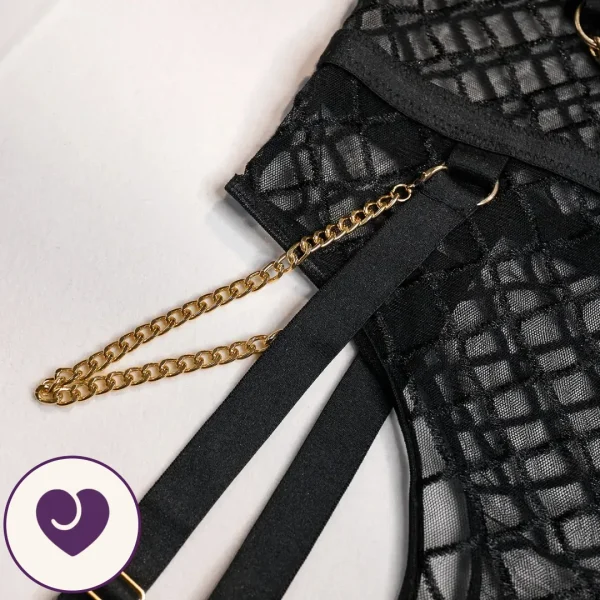 Black and Gold Fishnet Chain Lingerie Set, 4 Piece