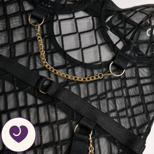 Black and Gold Fishnet Chain Lingerie Set, 4 Piece