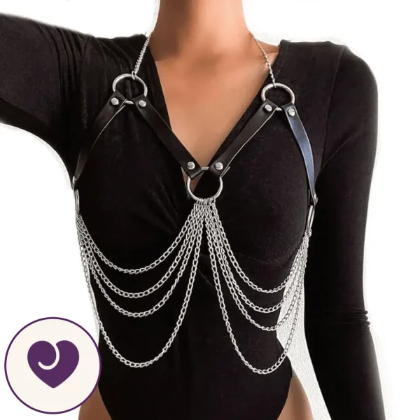 Black Harness Bra with Silver Chain Draping