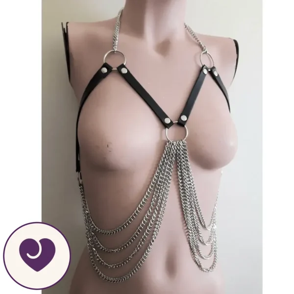 Black Harness Bra with Silver Chain Draping
