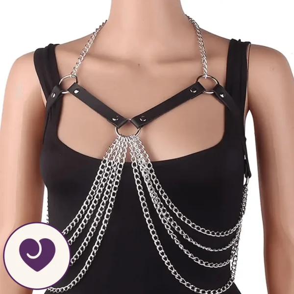 Black Harness Bra with Silver Chain Draping