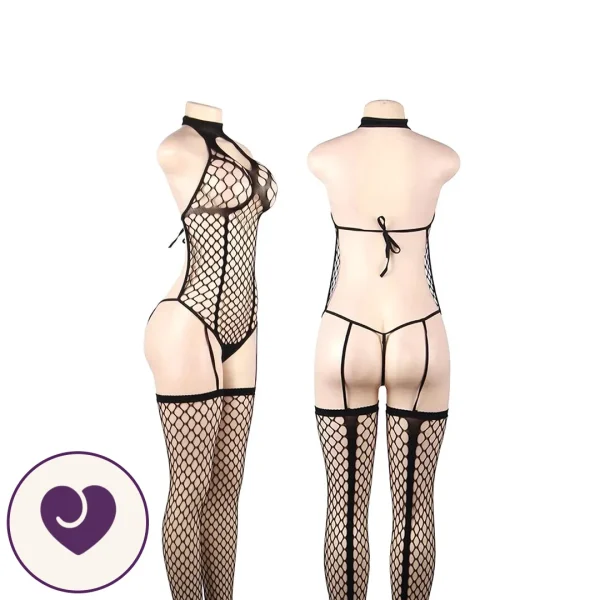 Black Netted Teddy Bodystocking with Halter Neck
