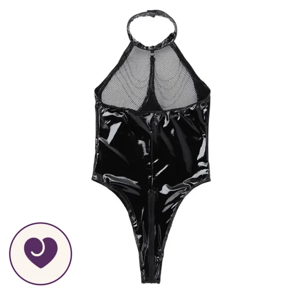 Black Wetlook Fishnet Bodysuit with Chain Detail
