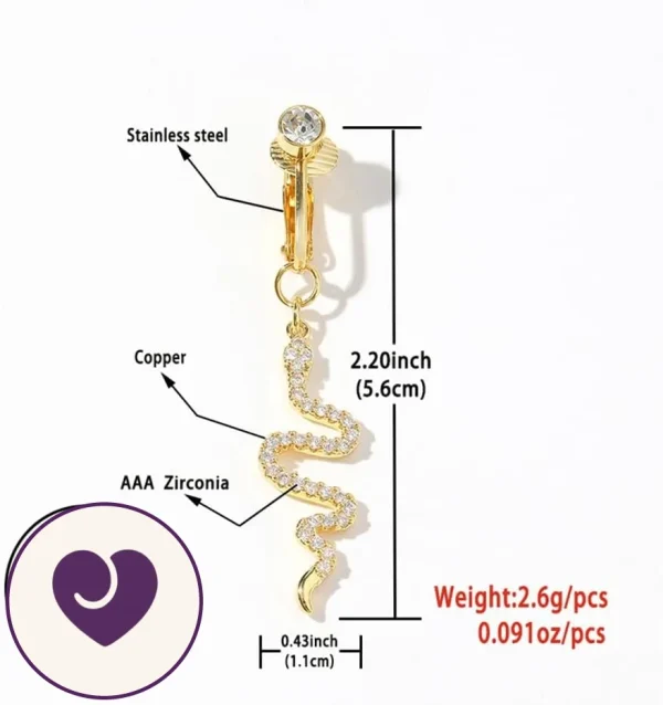 Dangling Snake Clip-On Belly Jewel, Gold or Silver