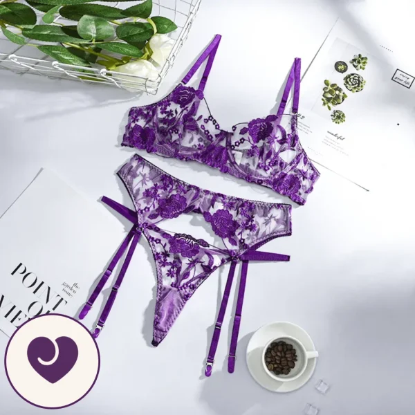 Deep Purple Floral Lace Lingerie Set, 3 Piece