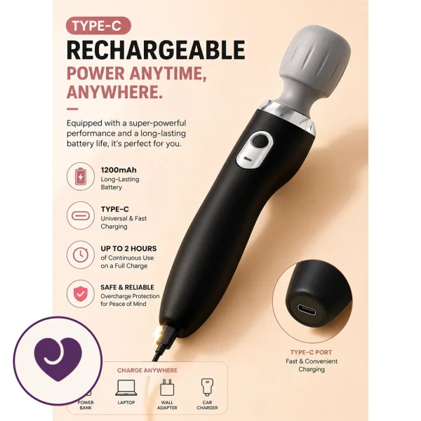 Five Mode Silicone Wand Vibrator, USB Rechargeable