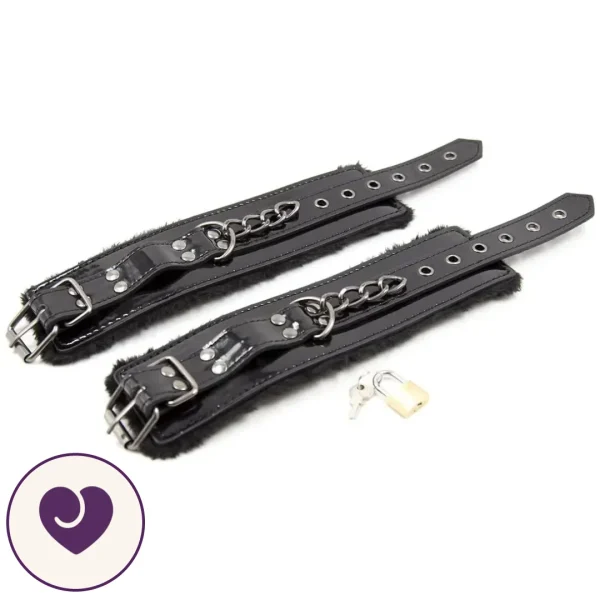 Fur Lined Patent Leather Locking Wrist Cuffs