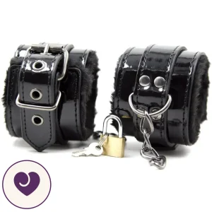 Fur Lined Patent Leather Locking Wrist Cuffs