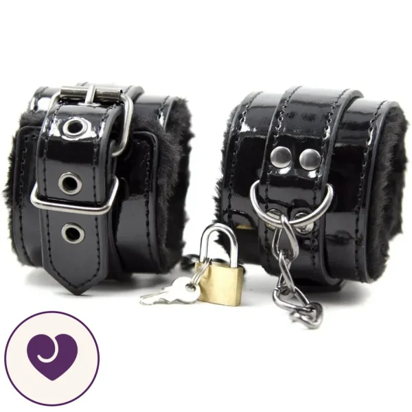 Fur Lined Patent Leather Locking Wrist Cuffs