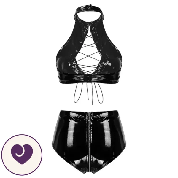 Glossy Black PVC Lace-Up Lingerie Set