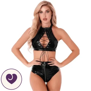 Glossy Black PVC Lace-Up Lingerie Set