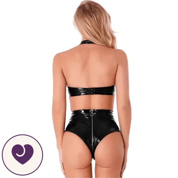 Glossy Black PVC Lace-Up Lingerie Set