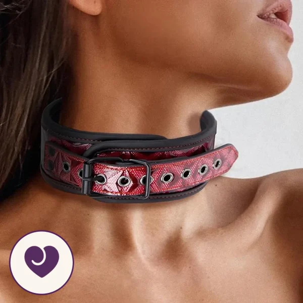 Holographic Red Leather BDSM Collar with Chain Leash