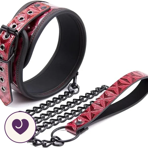 Holographic Red Leather BDSM Collar with Chain Leash
