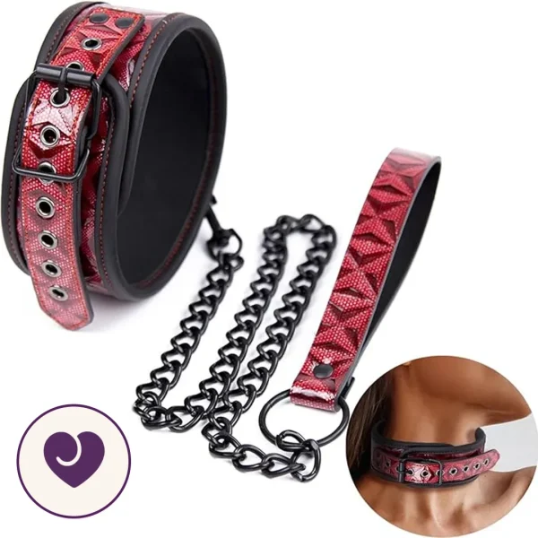 Holographic Red Leather BDSM Collar with Chain Leash