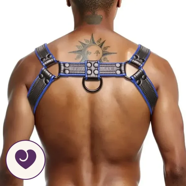 Men's Faux Leather Chest Harness, Black and Blue