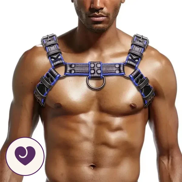 Men's Faux Leather Chest Harness, Black and Blue