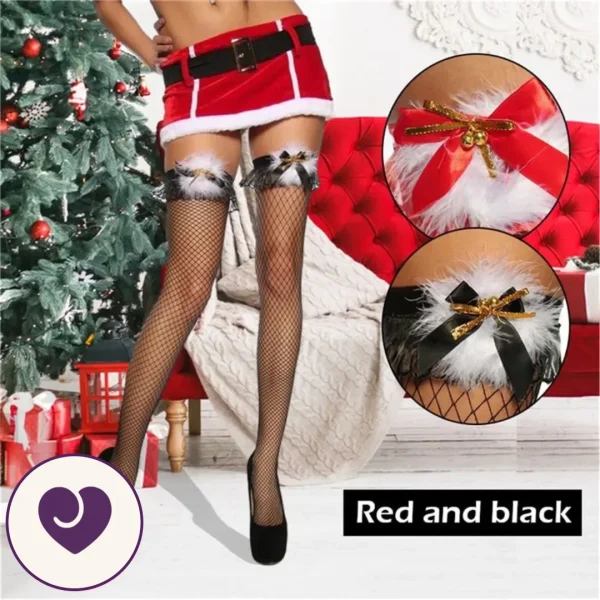 Santa Babe Feather Bow Thigh-High Fishnet Stockings