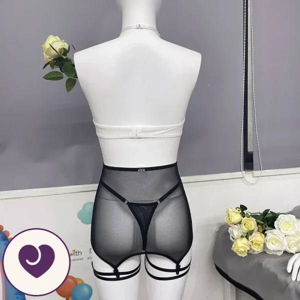 Three-Piece Mesh Halter Garter Lingerie Set