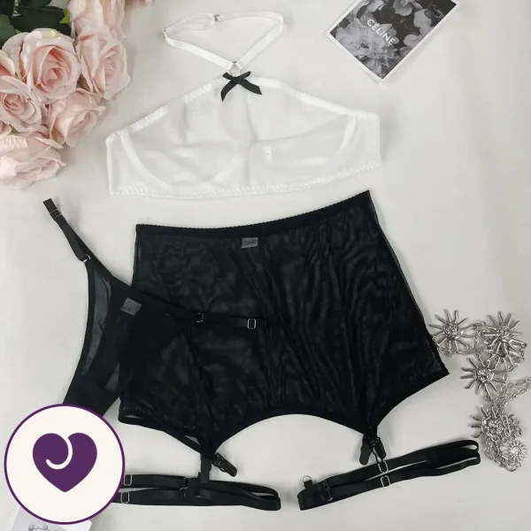 Three-Piece Mesh Halter Garter Lingerie Set