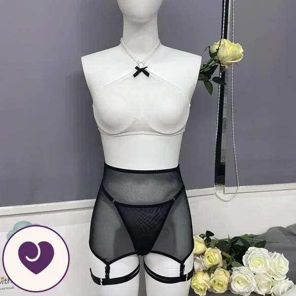 Three-Piece Mesh Halter Garter Lingerie Set