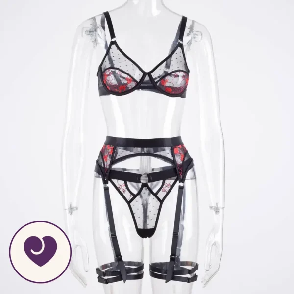 Three-Piece Red Floral Garter Lingerie Set