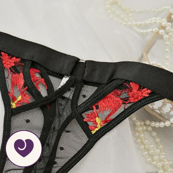 Three-Piece Red Floral Garter Lingerie Set