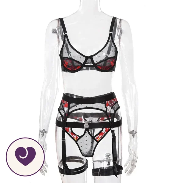Three-Piece Red Floral Garter Lingerie Set