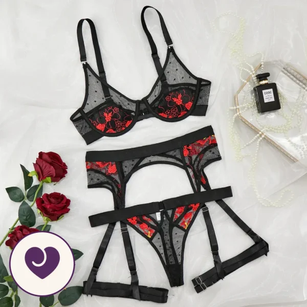 Three-Piece Red Floral Garter Lingerie Set