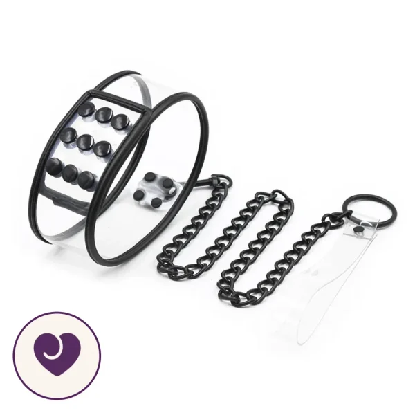Wide Clear PVC Collar Set With Black Metal Chain Leash
